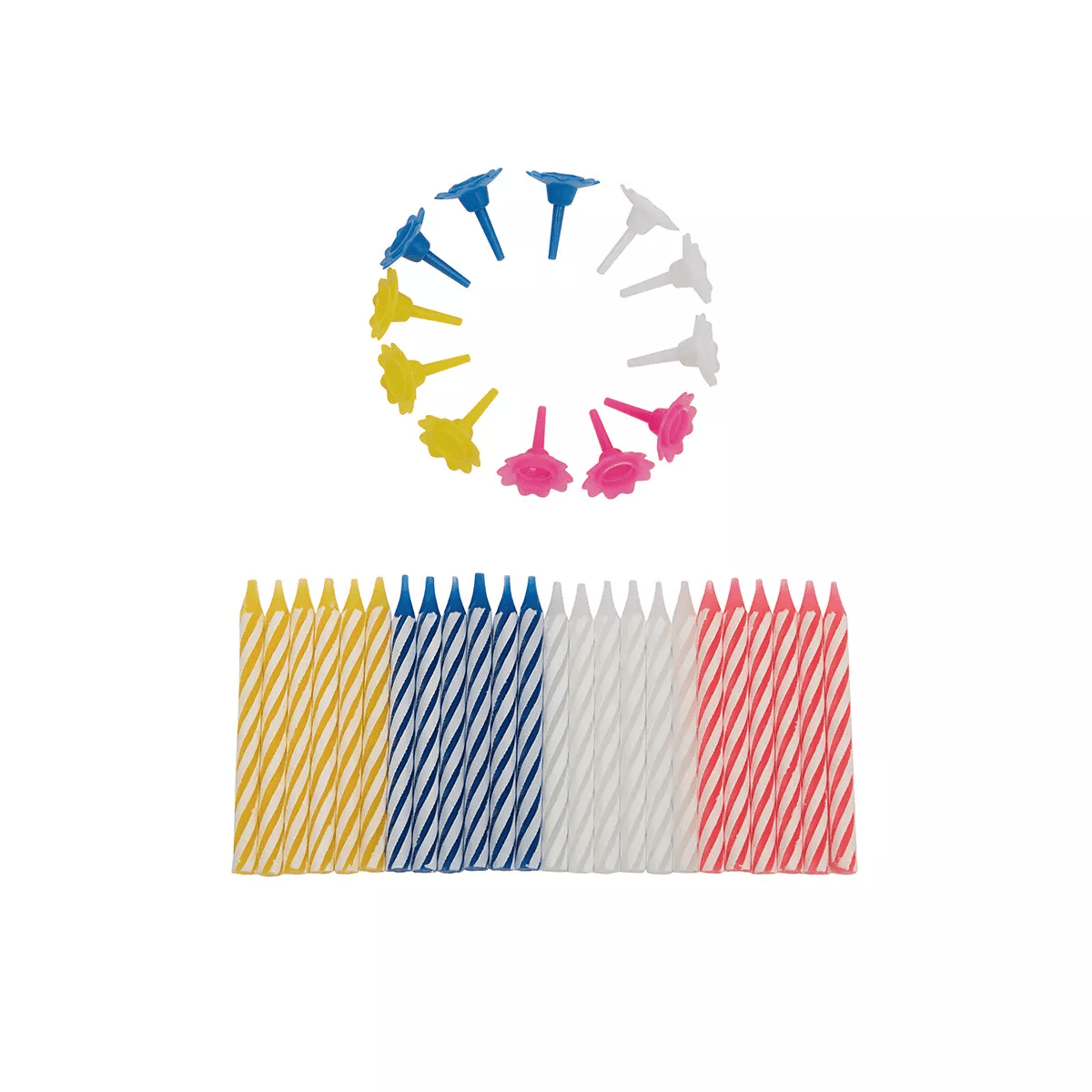 taartkaarsjers_huder_multi__1_ba Set 24 bougies 4 couleurs et 12 supports – Image 1