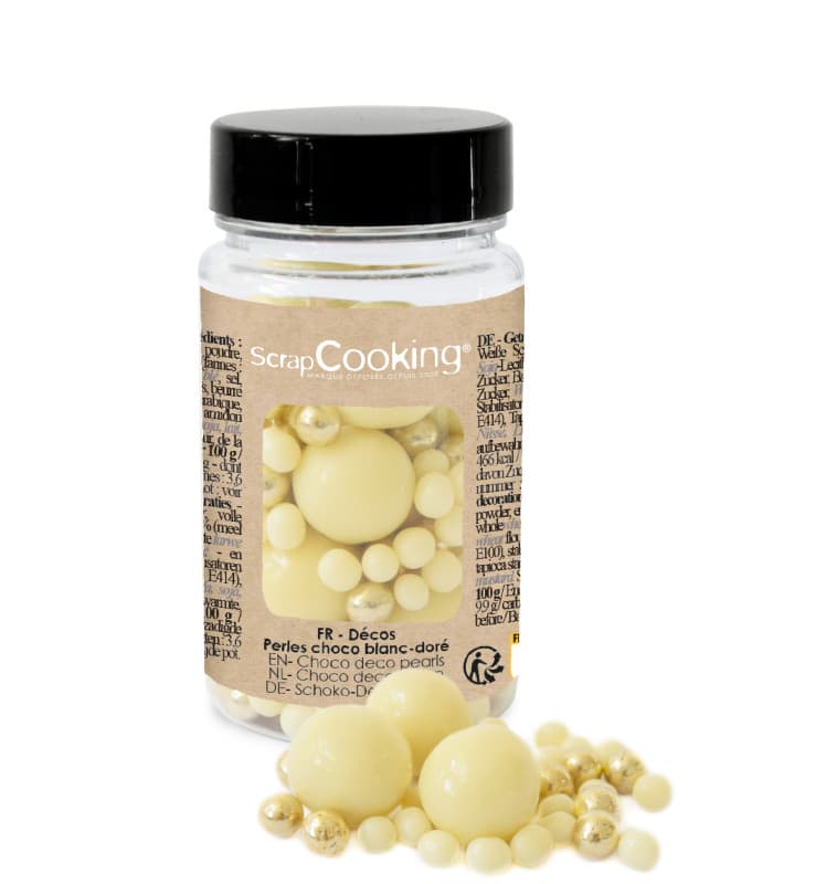 pot-de-decors-perles-chocolat-blanc-et-dore Sachet de décors perles chocolat blanc et doré 50g – Image 1
